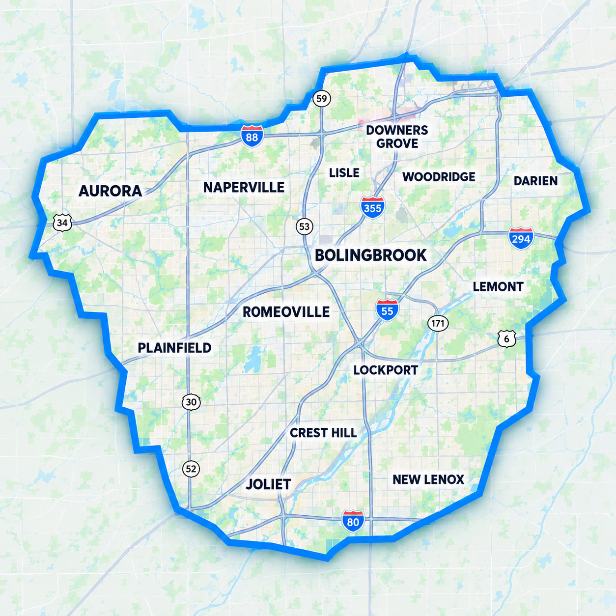 Map of the On Call Locksmith service area around Bolingbrook, including nearby communities